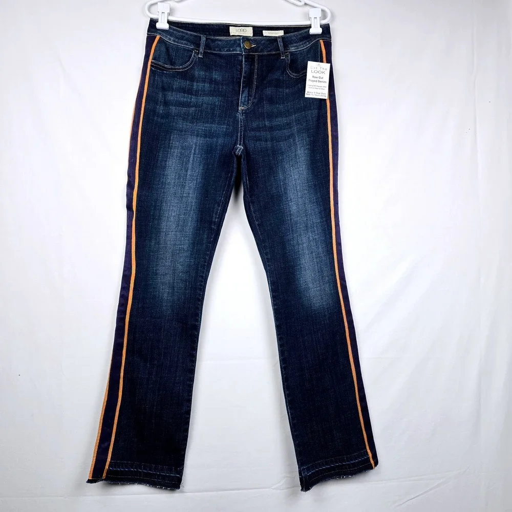LOGO Lori Goldstein Bootcut Jeans Side Stripe Raw Hem Dark Wash Blue 12 New